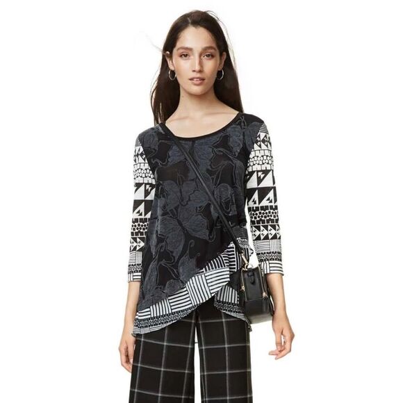 Desigual womans top large black white grey tiered graphic print basic structured - Picture 1 of 16